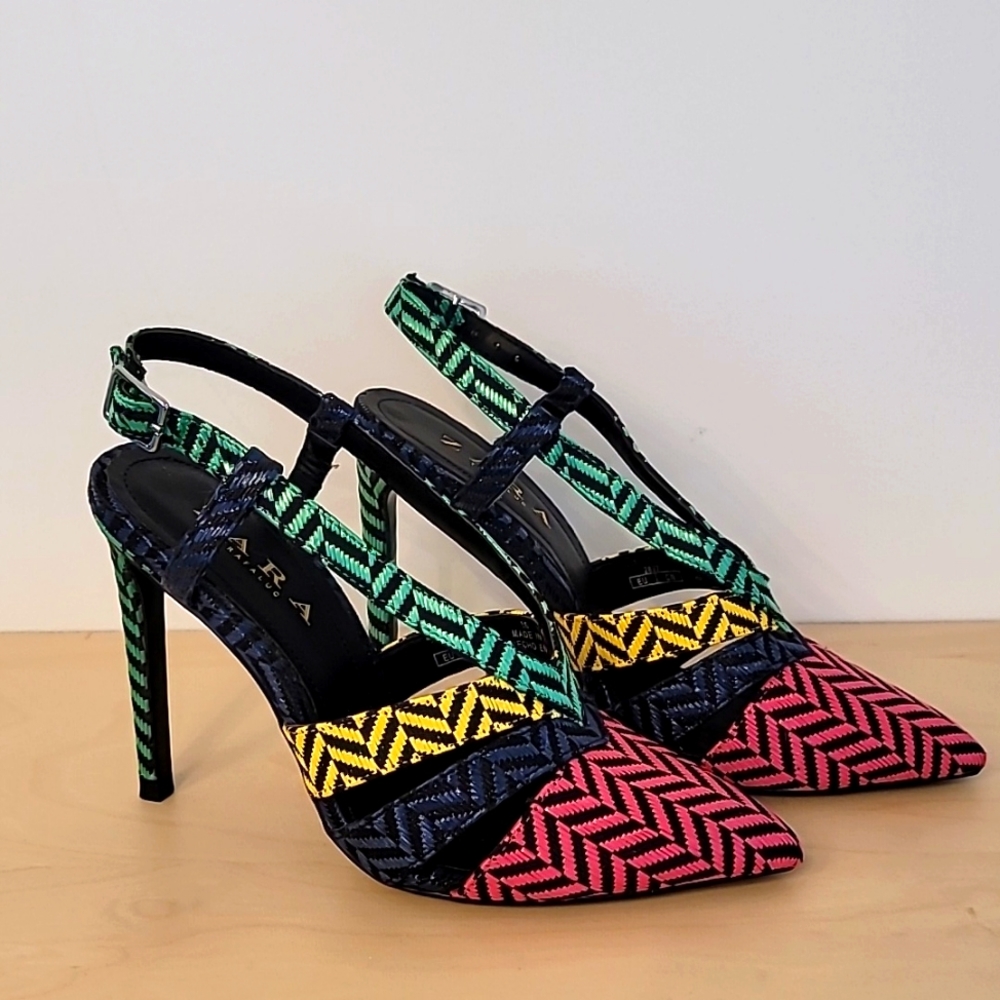 ZARA TRAFALUC Color Block Herringbone Neon Woven Heels Size 6